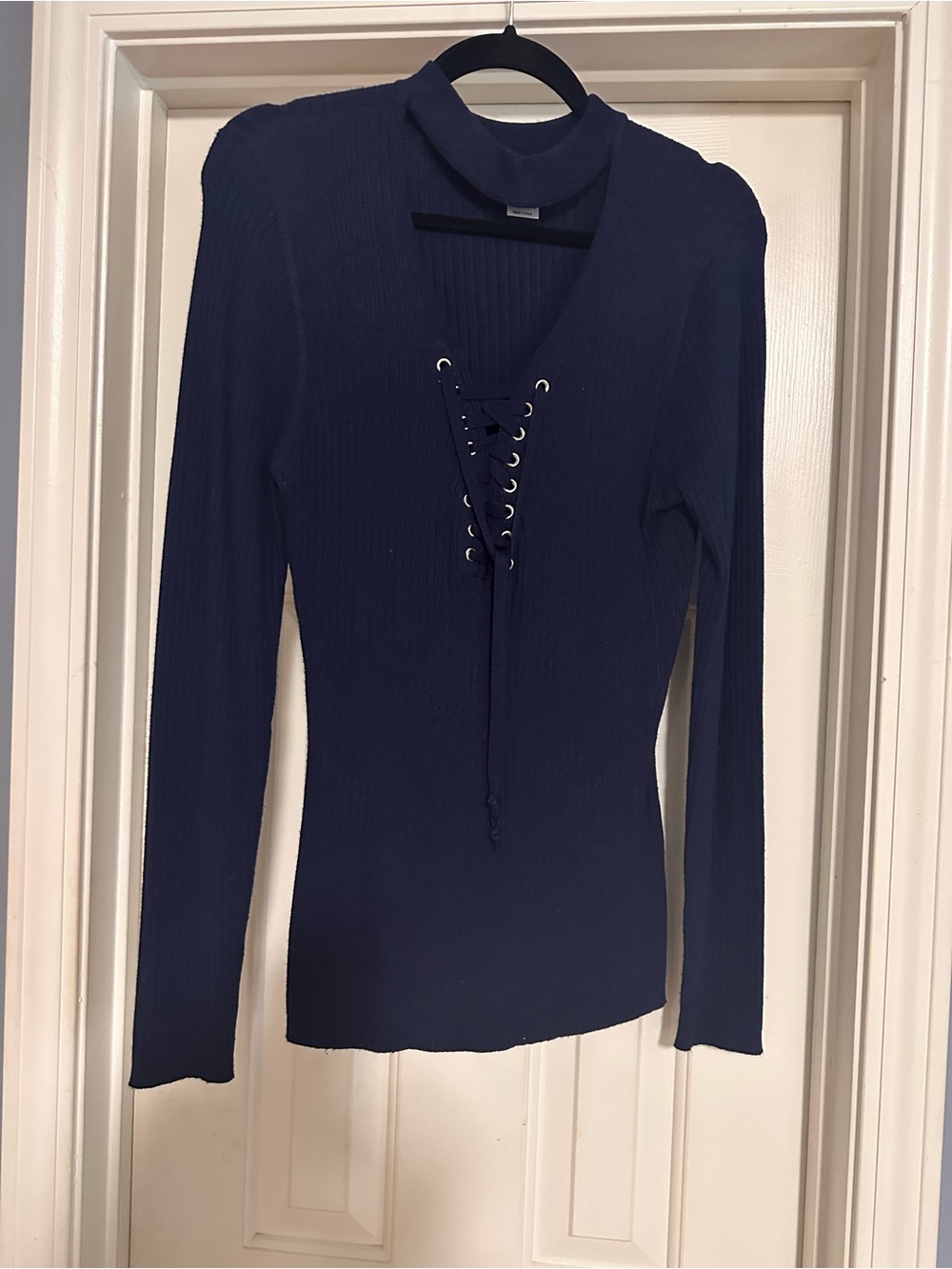 VENUS Navy Ribbed Lace-Up Long Sleeve Top